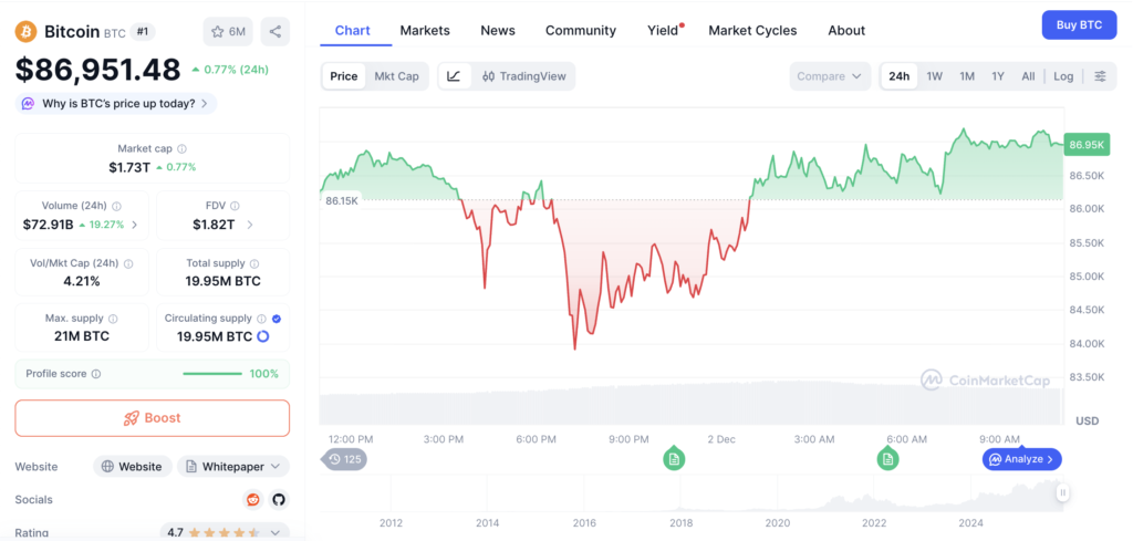 نمودار قیمت و اطلاعات بازار بیت کوین - منبع: CMC